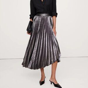 NWT! Banana Republic Metallic Silver Pleated A-Line Midi Party Skirt 10P